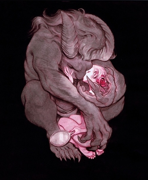 this isn't happiness™ (The Book Show), Peteski #fantasy #beast #claws #illustration #horns #embrace #protection #love #beauty