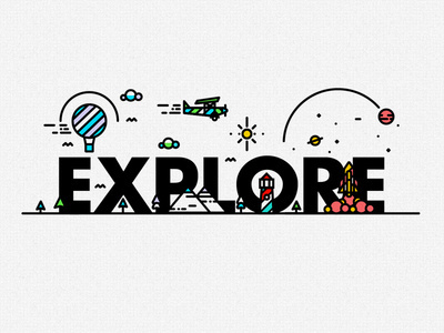 E-X-P-L-O-R-E #line #type #fish #texture #balloon #illustration #plane #rocket #logo #submarine #detail