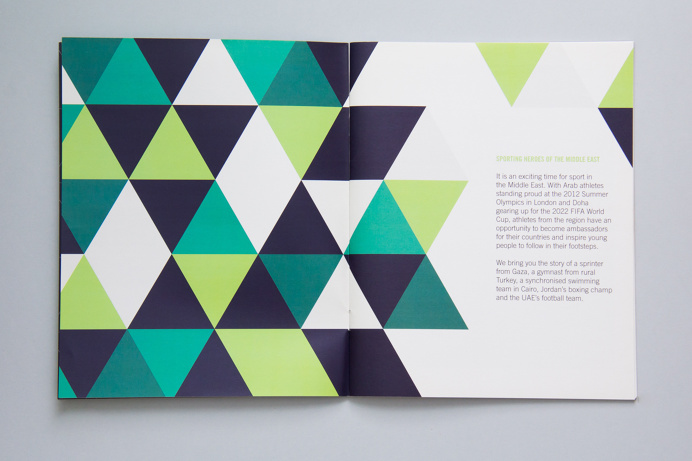 print, booklet, green, blue, triangle, spread, geometric