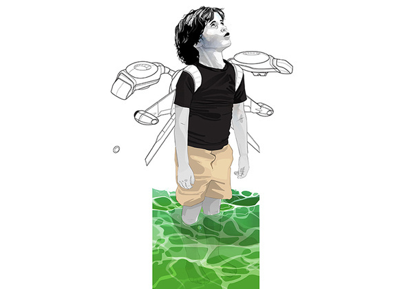 ILLUSTRATIVE kirkland hyman #kid #flying #backpack #jet #sea #beach