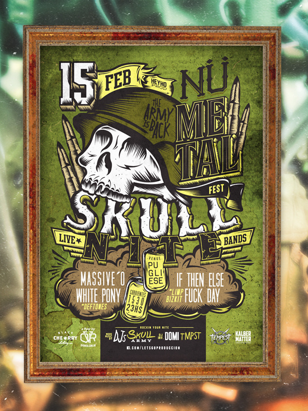 Skull nite flyer by Overloaded Design #greener #rosario #lettering #army #argentina #war #helmet #swat #retro #design #dogtags #bullets #typographic #riot #vintage #overloaded #type #skull