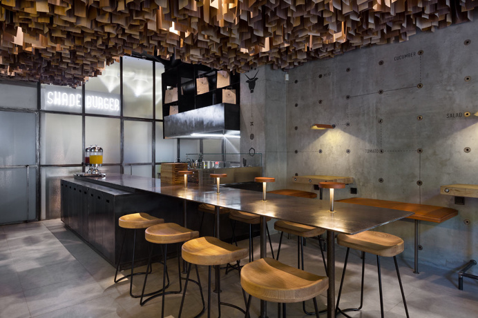 Shade Burger YOD studio interior design mindsparkle mag concrete wall ceiling hanging wood industrial modern typography sign type design