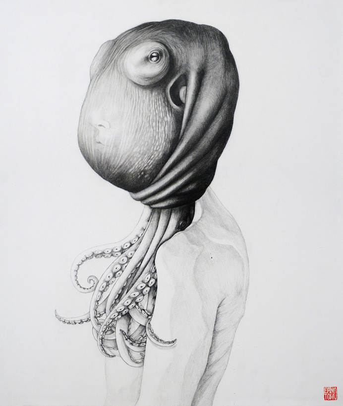 OCTOPUS PART II RED #bizarre #head #octopus #hair #illustration #hat #surreal #weird