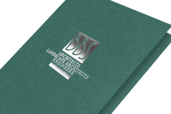 Silver Foil Stamped Presentation Folders on Green Linen