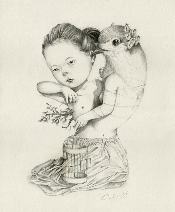 Waktu Membatu on Behance #girl #bird #illustration #surreal #pencil