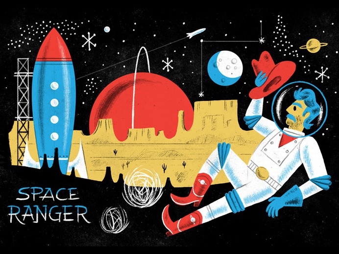 SpaceRanger PSD Brush Kit & Tutorial Pack spaceship rocket cowboy astronaut 50s mid-century lettering stars planet moon space photoshop