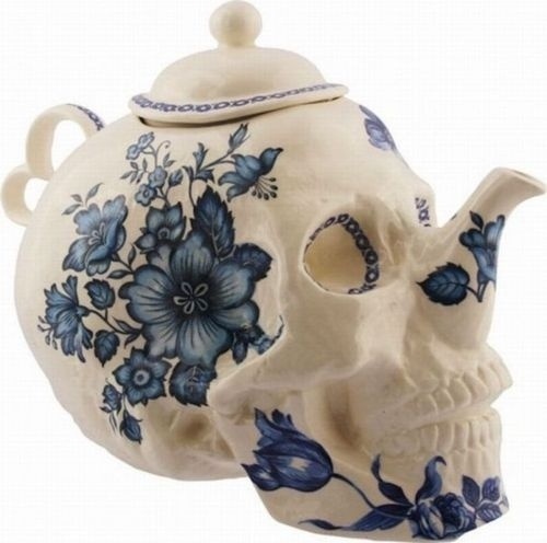 Instant Joy #white #painted #design #pot #tea #art #blue #skull