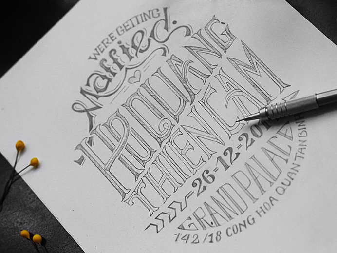 Married, invite, invitation, hand lettering, lettering, pencil, thai, intricate, equisite