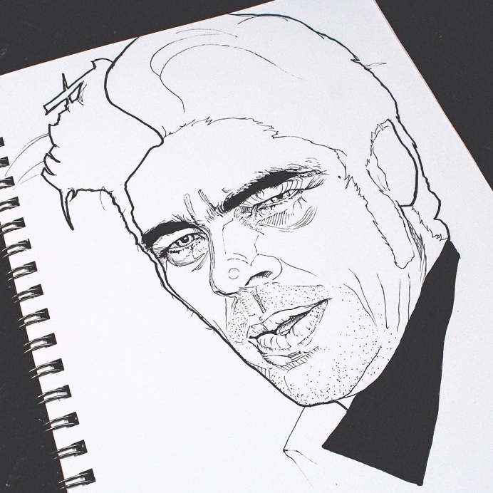Benicio Del Toro - Pen & Ink illustration by Timothy McAuliffe. Gold Van™