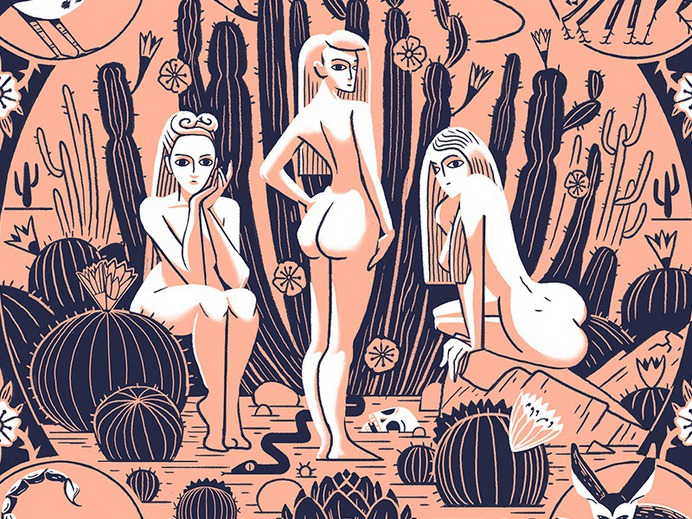 Sirens art landscape retro cactus nude babe painting drawing woman desert character illustration