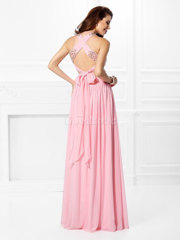 Robe de soirée naturel grandes bretelles ligne a avec sans manches en chiffon