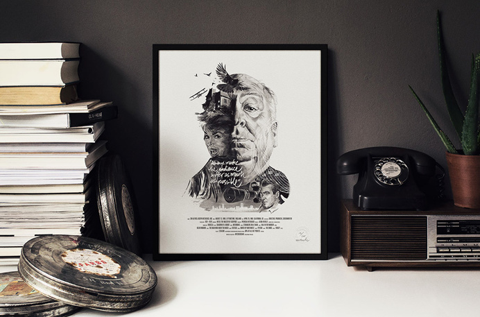 hitchcock, movie, poster, design, illustration, ink