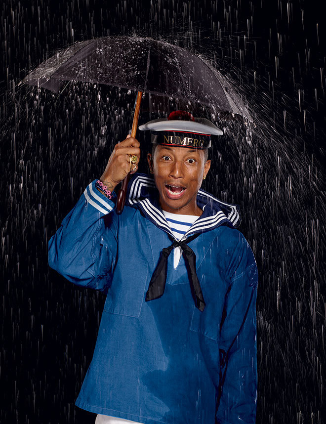 Numéro Magazine - Tel est Pharrell Interview exclusive avec la superstar Pharrell Williams. Portraits Jean-Paul Goude. #umbrella #williams #goude #numero #pharrell #cover #rain #navy #marine #jean #magazine #paul