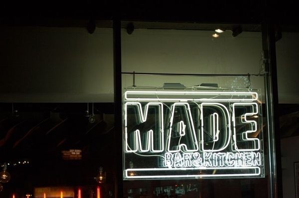 We just rebranded Roundhouse's 'MADE Bar & Kitchen' www.them.co.uk #white #red #sign #made #black #restaurant #brand #napkin #logo #neon