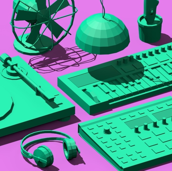 Low Poly Objects Art Print at Søciety6 #3d #cgi #cg #cinema4d #render #studio #turntable #fan #cactus #synthesizer #music #dj #pendant