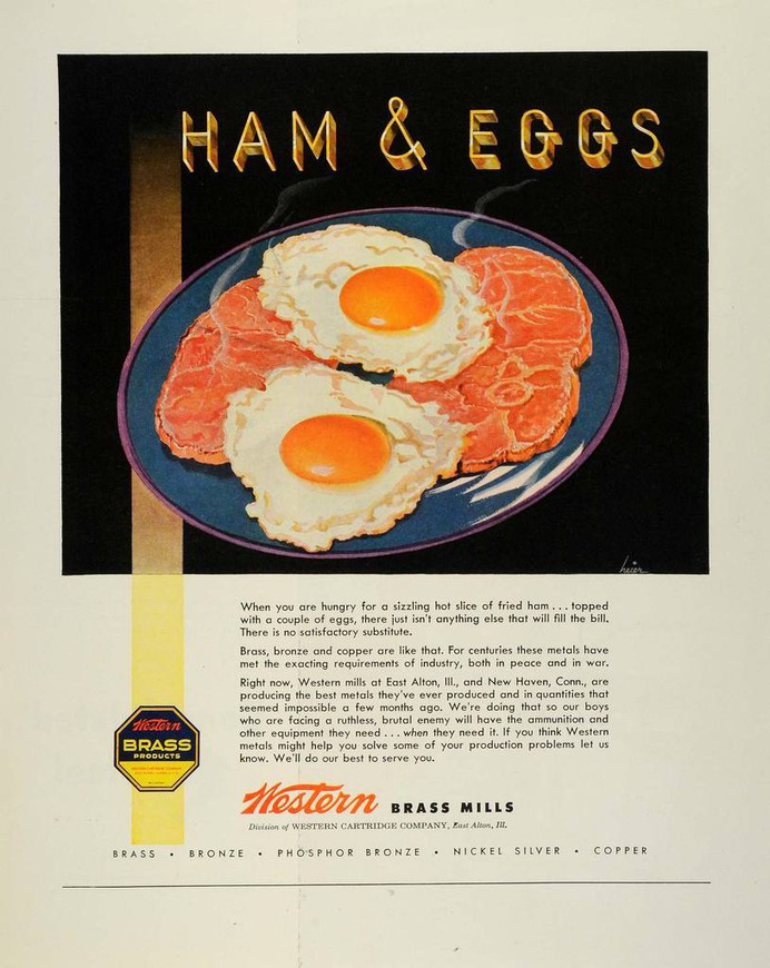1944 Ad Western Brass Mills World War II Metal Industry Ham Eggs Plate Art FZ6