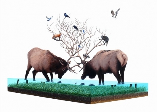 Paintings - Josh Keyes #water #elk #painting #animals #refraction
