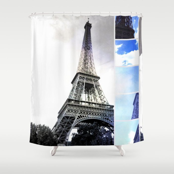 Eiffel Tower Paris in Black and White with Blue Stripe Shower Curtain