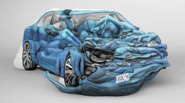Car Built with Painted Human Bodies #sculpture #body #painting #art #car