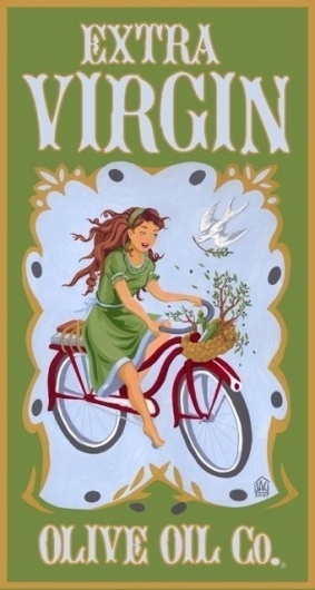 Extra Virgin Olive Oil Co. #lettering #girl #olive #bike #oil