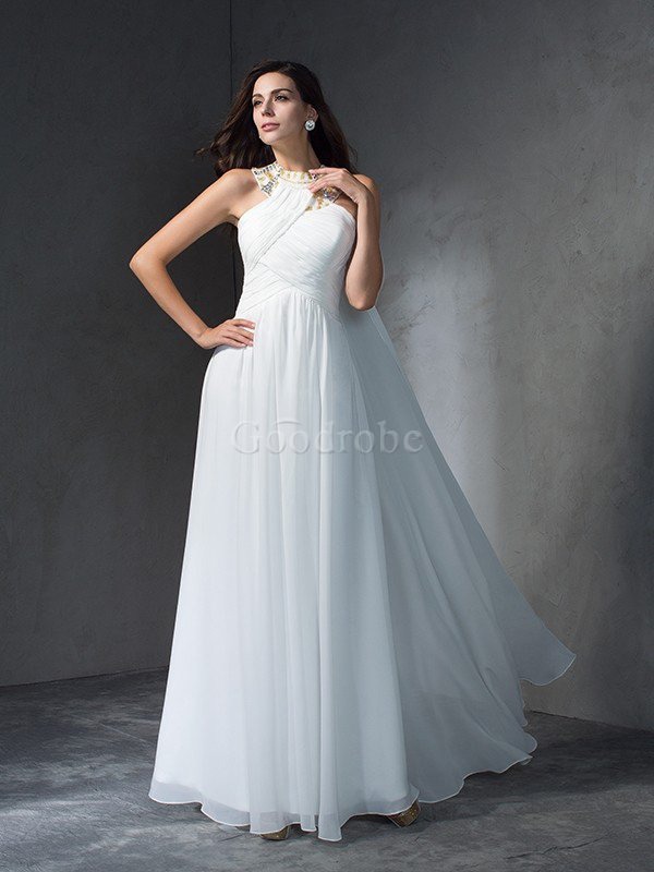 Robe de soirée longue avec perle en chiffon ligne a de princesse