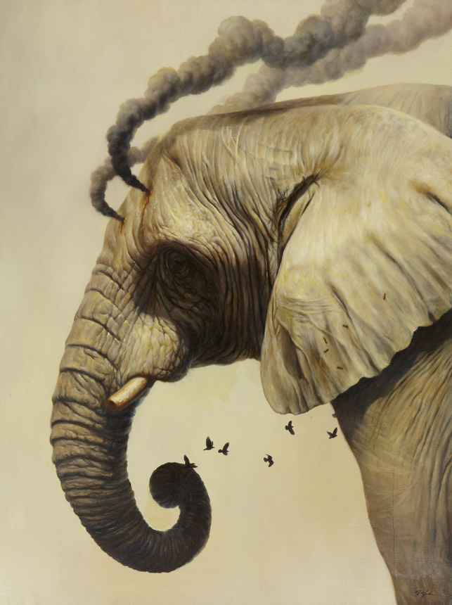 Smoke signals - Martin Wittfooth #smoke #trunk #tusk #elephant #illustration #nature #painting #animal