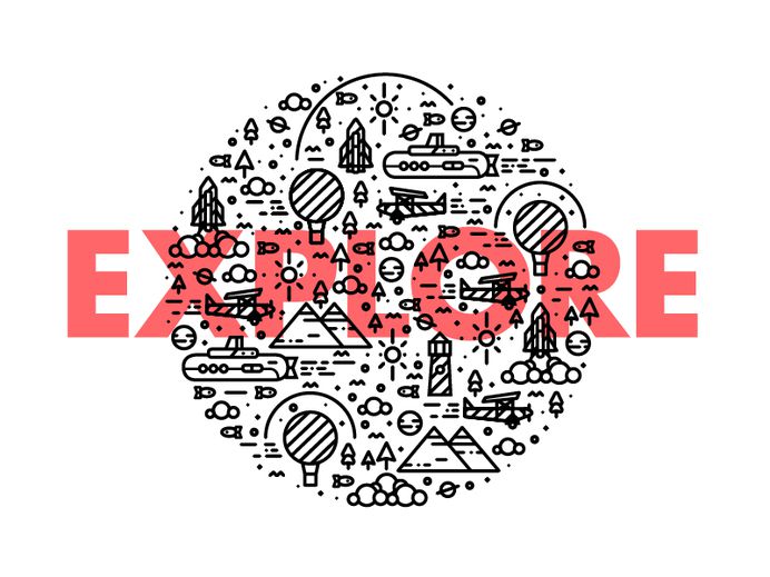 E-X-P-L-O-R-E in style :p clothng t-shirt plane logo type balloon illustration line pattern brand branding