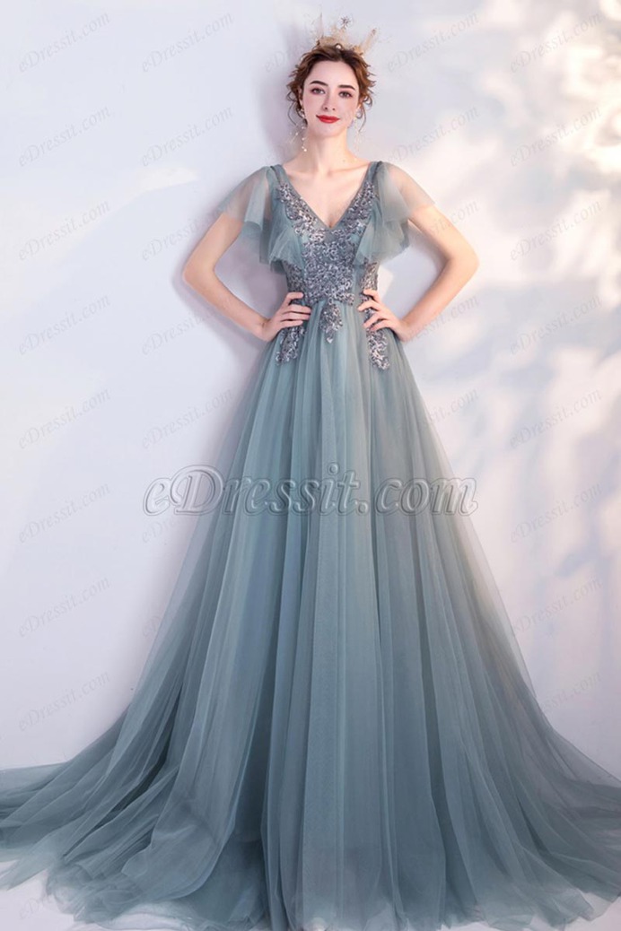 eDressit Lovely Green Cap Sleeves V-Cut Embroidery Party Prom Dress (36227404)
