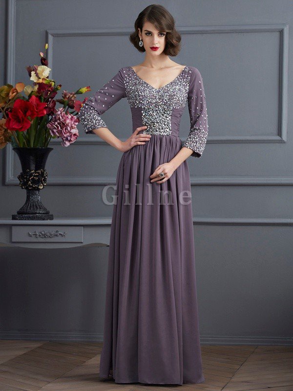Abito Mamma Sposa con Tre Quarti Lunghezza Maniche Lunghi A Terra Tubino in Chiffon
