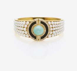 BANGLE WITH TURQUOISE, ONYX, CULTURED PEARLS AND DIAMONDS