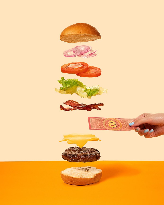 Pit's Burger Content - Mindsparkle Mag Asa Onze Creative Studio developed a series of photos and videos for a Burger Shop in Brasil called Pit's Burger. The client wanted something minimalistic, so the studio created a surreal yet simple environment, where bacons fly and food can be balanced on a coin. #logo #packaging #identity #branding #design #color #photography #graphic #design #gallery #blog #project #mindsparkle #mag #beautiful #portfolio #designer