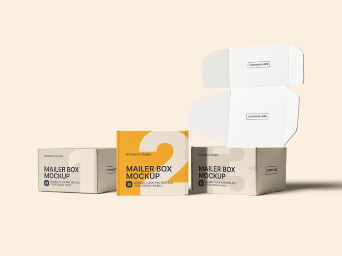 Customize the mailer box package mockup items. Place your own box designs to the mailer boxes. Move items around or change the background color. Create your own mailer box packaging mockup scene. #mockup #package #packaging #logo #branding #post #postal #box #mailer