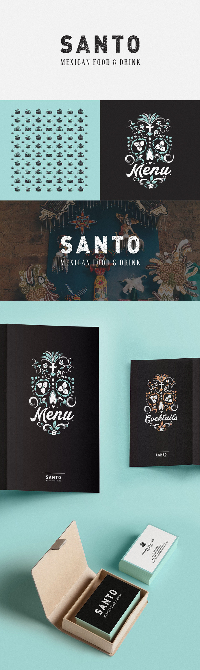 Business card design idea #386: Branding for Santo #pattern #branding #business #london #menu #restaurant #mexican #skulls #cards