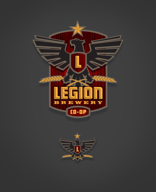 personal, logo, beer, bird, wings, sheild, hops, L, star, red, yellow, roman, brewery, legion