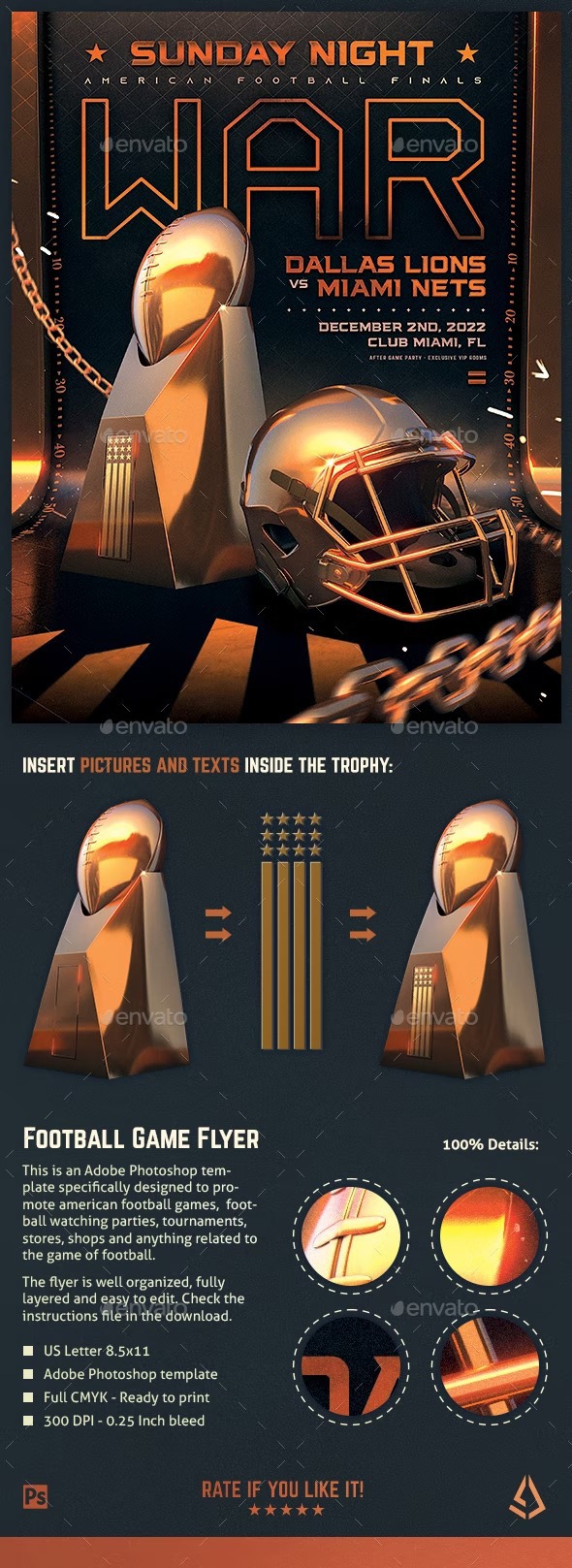 DOWNLOAD:
https://graphicriver.net/item/american-football-flyer-v20-football-match-template/34929578

This is an american football flyer template specifically designed to promote football game watching parties, american football games and matches, NFL watching parties and sports bars and clubs, super bowl parties, college football games and anything related to the sport of american football. The flyer has a golden / gold style that could be appropriate to promote high class / elite sports clubs or vip rooms.