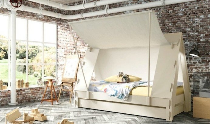This tent bed offers a unique sleeping and play arrangement that can transform to any of your needs, be it fun, sleep, study, or relaxation. #modern #design #bedroom #product #furniture #industrial