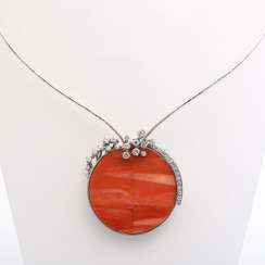 Gold necklace with coral pendant / brooch