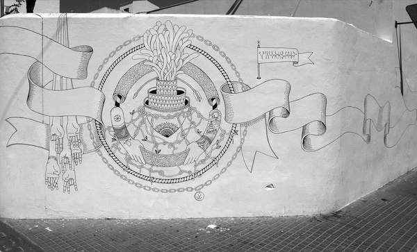 MURAL PAINTING at VANG FESTIVAL, SUMMER 2013, MENORCA ISLAND, SPAIN Joan Tarrago #spain #mural #ornaments #wall #art #street #painting