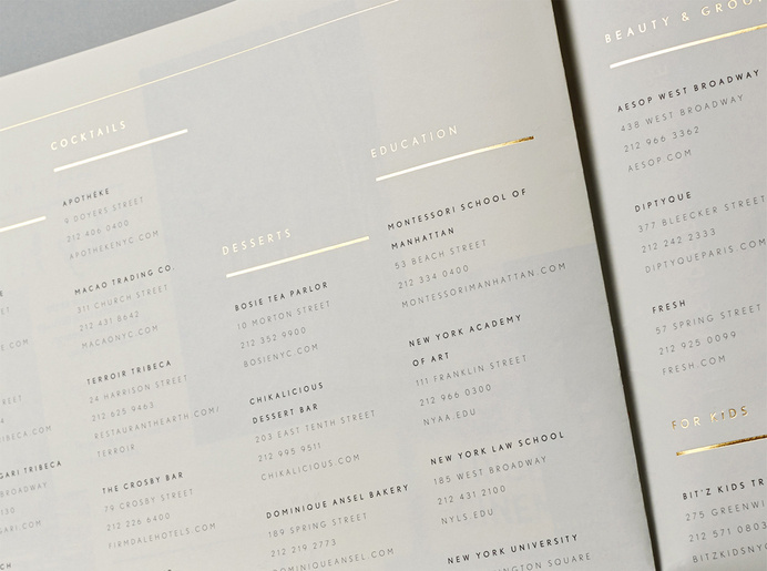 Gold foiled insiders guide for Four Seasons private residence Thirty Park Place designed by Mother #zc