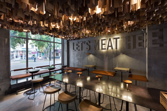 Shade Burger YOD studio interior design mindsparkle mag concrete wall ceiling hanging wood industrial modern typography sign type design