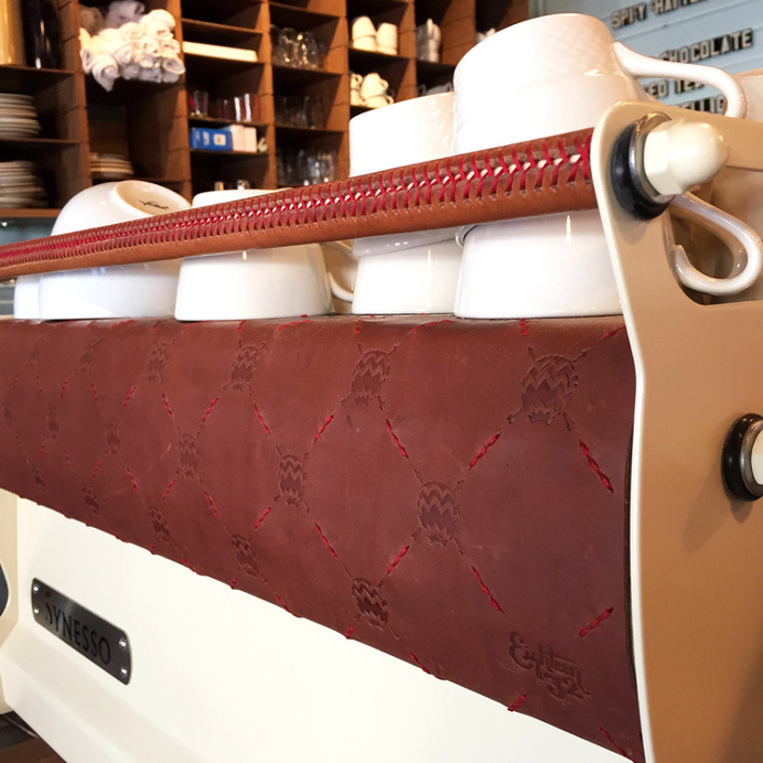 Custom Leather wrapped Synesso Hydra for Vagabond Coffee Co. by Eighteen32. #coffee #espresso #brand #synesso #hydra #leather #logo #stamp