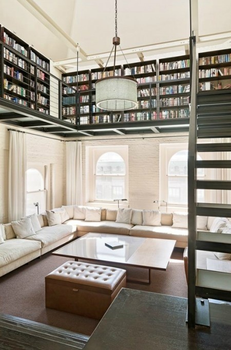 dyingofcute:Tribeca, New York Duplex with plenty of book space #living #library #room