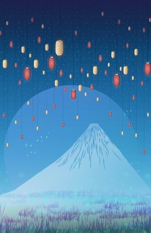 "Catching fireflies" #Japan #Fuji #lanterns #landscape #illustration #decor