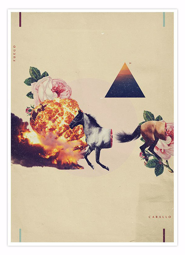 Fuego y Caballo. Collage composition mixing subtle and vibrant vintage illustrations.