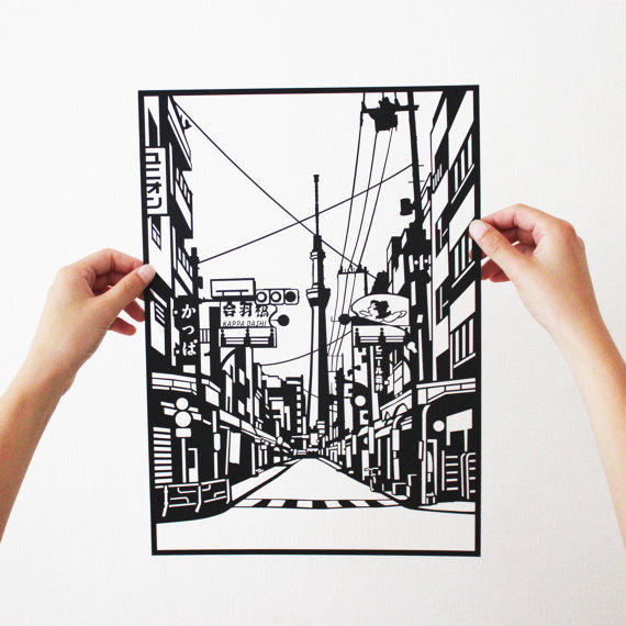 This is a paper cut image of a street near Tokyo Skytree, Japan. #japan #paper #lasercut #papercut #black #silhouette #street #delicate #d
