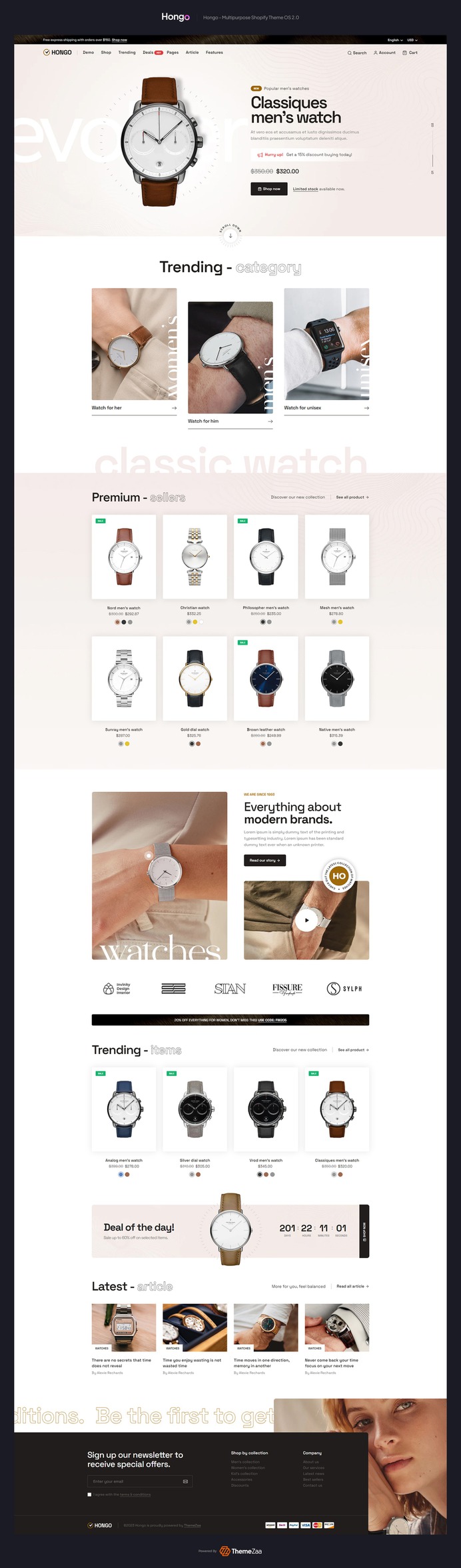 Hongo's minimal & clean #watch store demo is a phenominoal #Shopify #theme that allows you to create responsive online store designs in the easiest way possible. The elegant style of this theme makes it both beautiful and simple to use. The Shopify Theme is a terrific option for creating sophisticated online shop UI designs that will make your company stand out above thousands of other similar platforms. The creation, development, and management of an online business is made simple for everyone with this theme.