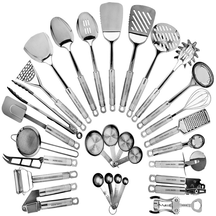 HOME HERO Stainless Steel Kitchen Utensil Set - 29 Cooking Utensils - Nonstick Kitchen Utensils Cookware Set with Spatula - Best Kitchen Gadgets Kitchen Tool Set Gift