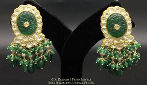 23k Gold and Diamond Polki Karanphool Earring Pair with an oval carved beryl at the center - gold diamond polki kundan meena jadau jewellery