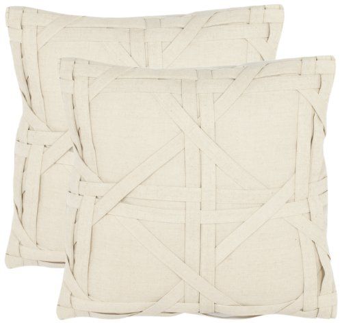 Pair of Beige Cotton and Linen Pillows with Woven Detail