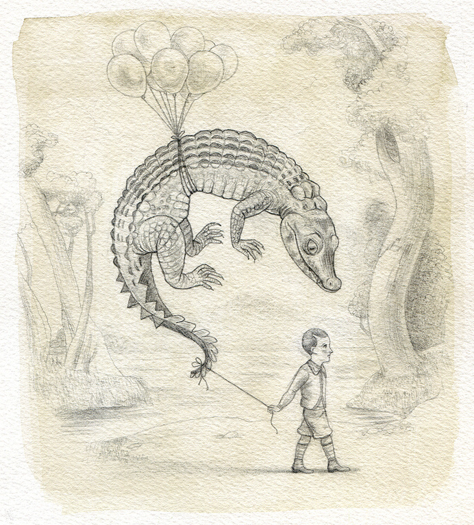 Image of Live Dangerous #crocodile #kid #child #float #balloon #illustration #reptile #danger #sketch #watercolour